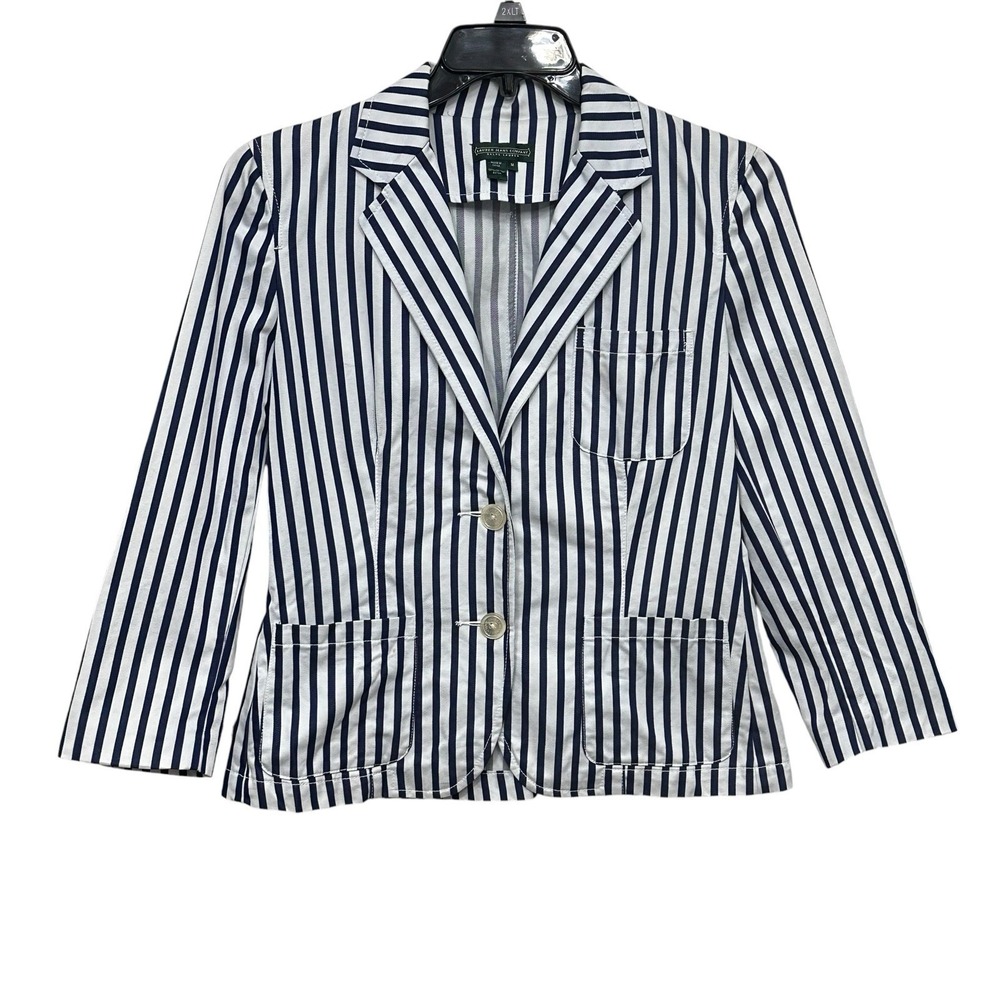 Lauren Jeans Co.‎ Ralph Lauren Blue White Strip Blazer Size Medium Cotton Preppy
